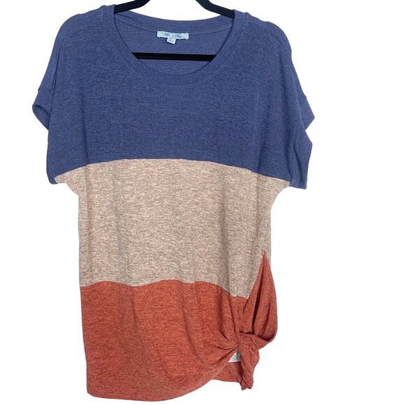 New She + Sky Large L Blue Brown Orange Twist Front Color Block Striped Shirt - Picture 1 of 8